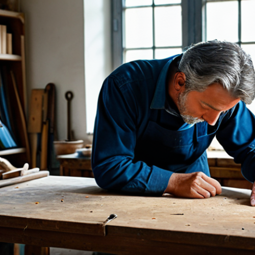 A professional artisan, in a modest work uniform, meticulously crafting a unique product in a well-lit, rustic workshop. Soft natural light illuminates the scene, highlighting their focused expression, well-formed hands, and proper finger count working with precision on delicate materials. The atmosphere is calm and dedicated, reflecting deep passion and craftsmanship. Fully clothed, appropriate attire, safe for work, perfect anatomy, correct proportions, natural pose, professional photography, high quality, professional dress, family-friendly, natural body proportions, appropriate content.