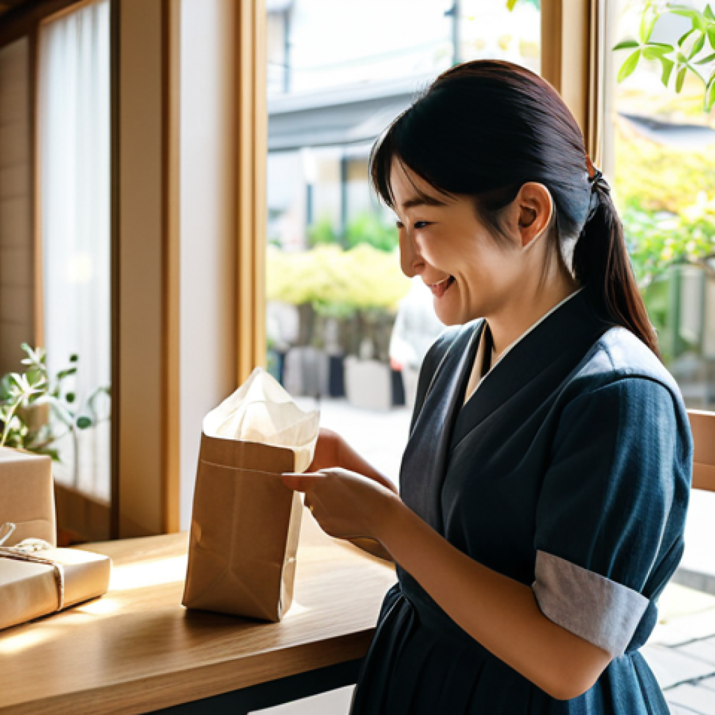 **
A heartwarming scene in a cozy, modern Japanese cafe. A young woman, dressed in stylish but modest clothing, smiles as she receives a beautifully wrapped package from a friendly cafe owner (male, late 40s). Sunlight streams through the window, highlighting the cafe's tasteful decor with natural wood and minimalist art. Soft, inviting background music is implied. The overall feeling is one of warmth, connection, and genuine care. *safe for work, appropriate content, fully clothed, professional, modest, family-friendly, perfect anatomy, correct proportions, natural pose, well-formed hands, proper finger count, natural body proportions, high quality.*
**