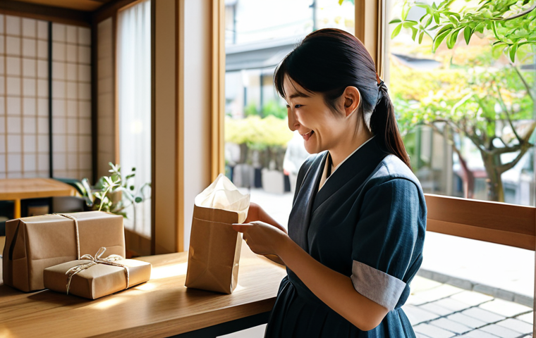 **

A heartwarming scene in a cozy, modern Japanese cafe. A young woman, dressed in stylish but modest clothing, smiles as she receives a beautifully wrapped package from a friendly cafe owner (male, late 40s). Sunlight streams through the window, highlighting the cafe's tasteful decor with natural wood and minimalist art. Soft, inviting background music is implied. The overall feeling is one of warmth, connection, and genuine care. *safe for work, appropriate content, fully clothed, professional, modest, family-friendly, perfect anatomy, correct proportions, natural pose, well-formed hands, proper finger count, natural body proportions, high quality.*

**