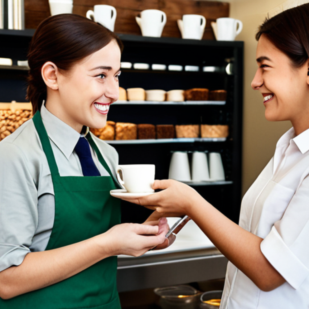 **
A heartwarming scene of a female shop staff, mid-30s, with a kind smile, fully clothed in a modest and professional uniform (perhaps a café or bakery). She is carefully explaining the story behind a "Fair Trade" coffee bean product to a friendly-looking customer in appropriate attire. The shop has a cozy, inviting atmosphere with natural light and visually appealing product displays. Focus on conveying the ethical sourcing and human connection. Safe for work, appropriate content, family-friendly, perfect anatomy, natural proportions, professional photography.
**