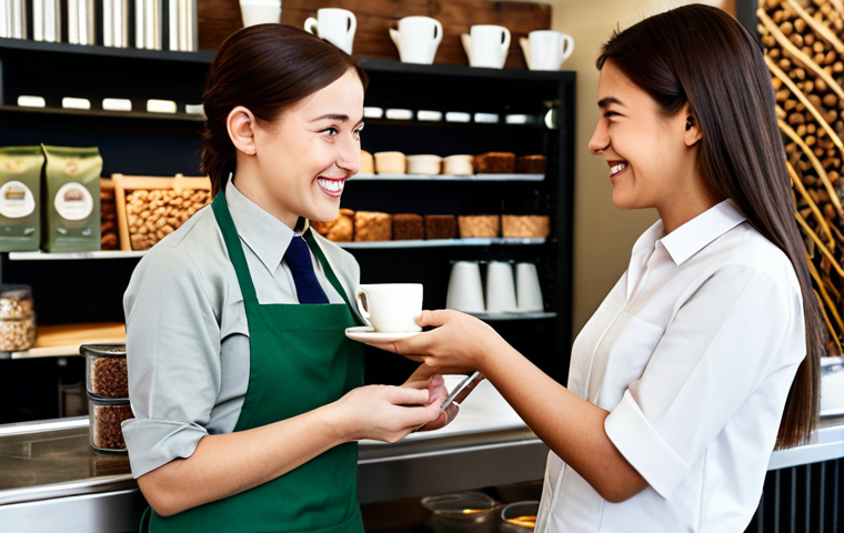 **

A heartwarming scene of a female shop staff, mid-30s, with a kind smile, fully clothed in a modest and professional uniform (perhaps a caf&eacute; or bakery). She is carefully explaining the story behind a "Fair Trade" coffee bean product to a friendly-looking customer in appropriate attire.  The shop has a cozy, inviting atmosphere with natural light and visually appealing product displays. Focus on conveying the ethical sourcing and human connection. Safe for work, appropriate content, family-friendly, perfect anatomy, natural proportions, professional photography.

**