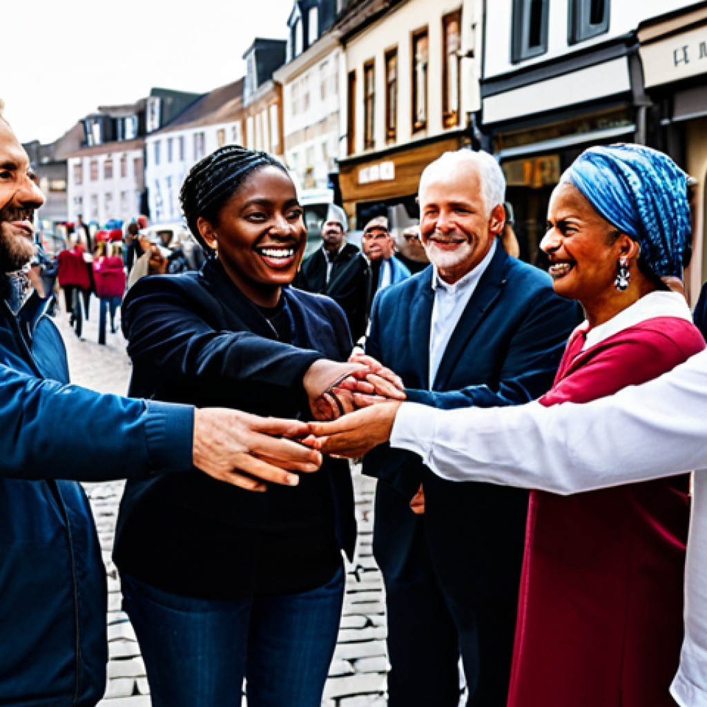 **

"A warm and inviting photograph of a diverse group of people participating in a community event, fully clothed in appropriate attire, highlighting collaboration and shared experiences, depicting a sense of belonging and social impact, safe for work, family-friendly, perfect anatomy, natural pose, well-formed hands, proper finger count, professional, modest, appropriate content. Background shows a bustling town square with diverse shops and happy people."

**