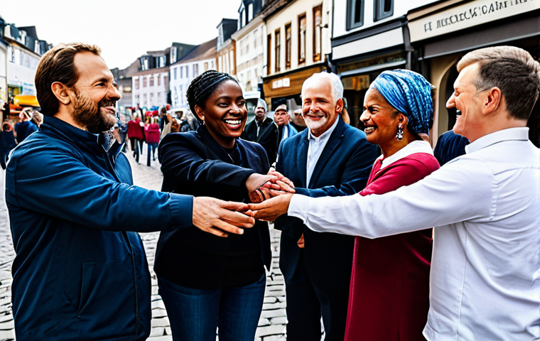 **

"A warm and inviting photograph of a diverse group of people participating in a community event, fully clothed in appropriate attire, highlighting collaboration and shared experiences, depicting a sense of belonging and social impact, safe for work, family-friendly, perfect anatomy, natural pose, well-formed hands, proper finger count, professional, modest, appropriate content. Background shows a bustling town square with diverse shops and happy people."

**