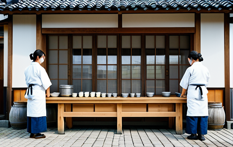 A sake brewery in a rural Japanese town, focusing on traditional methods and community revitalization. Image should depict employees working diligently in a clean, well-lit environment, fully clothed in appropriate work attire. Safe for work, professional, and family-friendly. Perfect anatomy, correct proportions, natural pose. High quality.