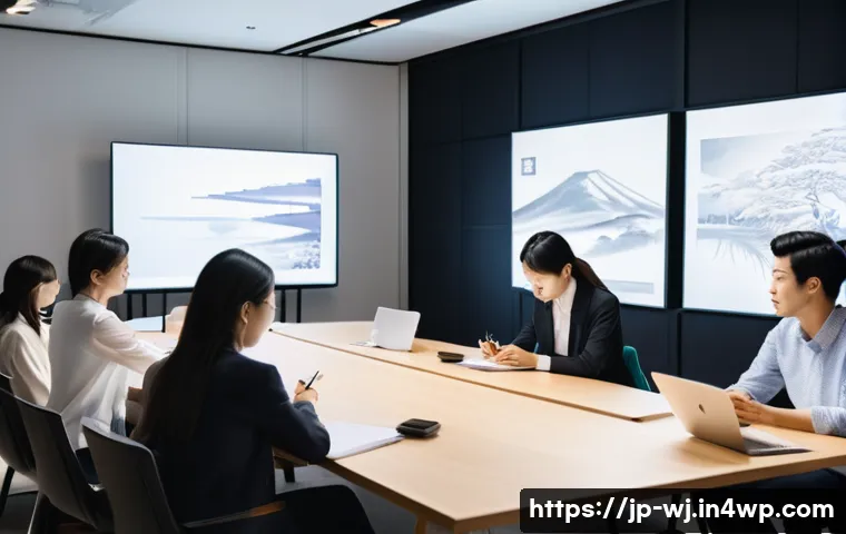 브랜드 스토리의 재구성이 주는 영향 - A modern Japanese brand storytelling workshop scene, featuring diverse young professionals gathered ...