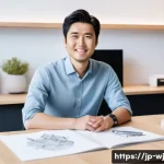 브랜드 스토리텔링의 성격과 기능 - A modern Japanese startup founder passionately sharing their brand story in a sleek, minimalist offi...
