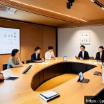 브랜드 스토리텔링에서의 다양한 형식 활용하기 - A modern Japanese brand storytelling workshop scene, featuring a diverse group of young professional...