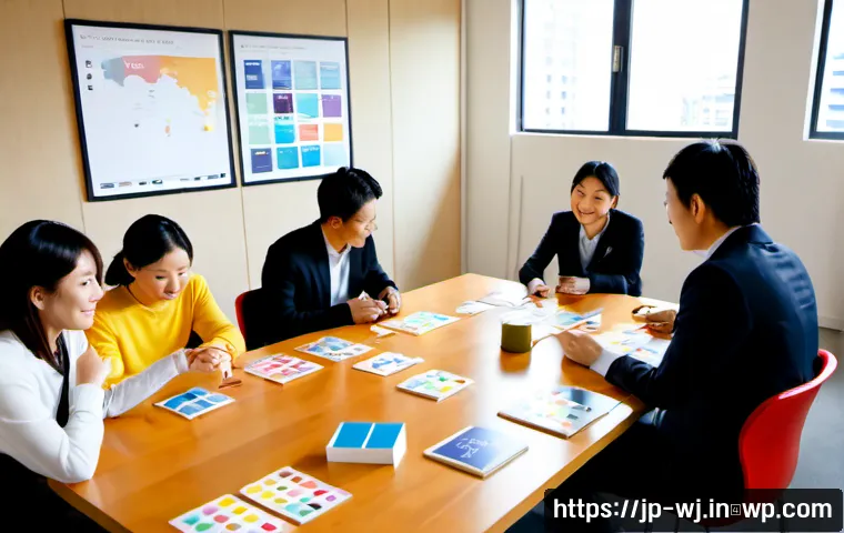 브랜드 스토리텔링을 통한 마케팅 전략 수립 - Photorealistic marketing strategy workshop in a modern Tokyo creative office, diverse Japanese team ...